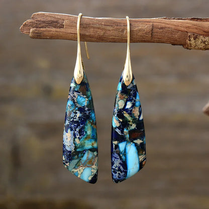 Silver Plated Geometric Gemstone Jasper Earrings Blue Gold Boho