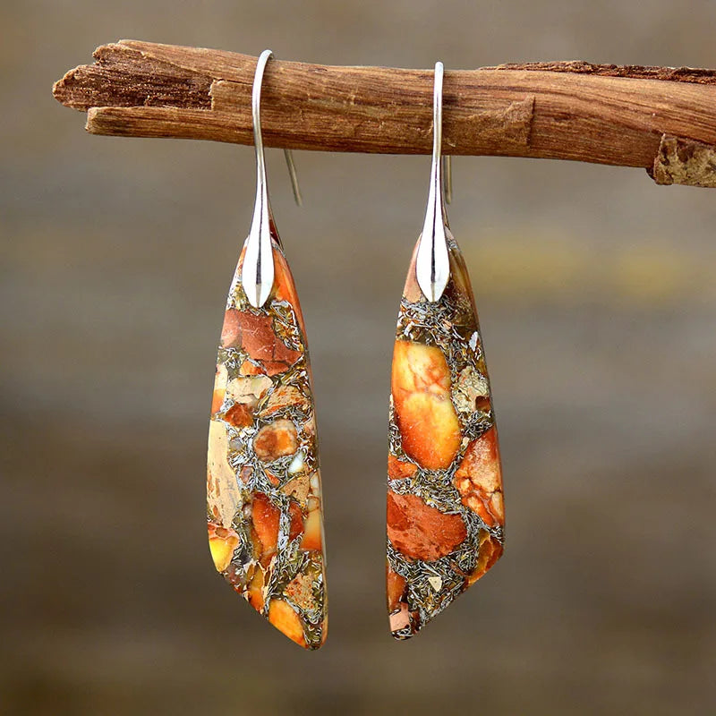 Imperial Jasper Leaf Pendant Dangle Drop Earrings Jewelry Orange silver Boho