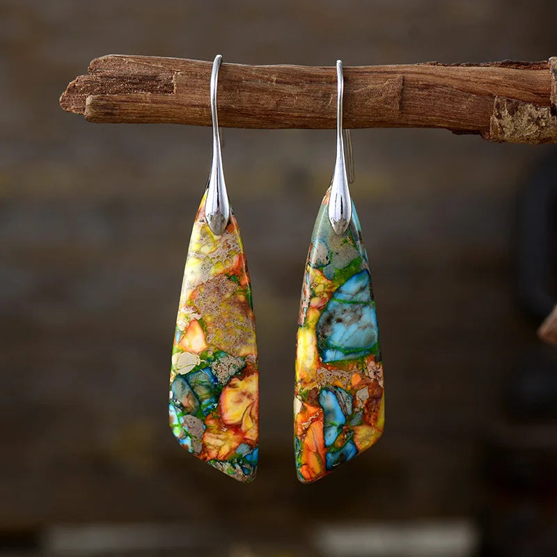 Silver Plated Geometric Gemstone Jasper Earrings Colorful Silver Boho