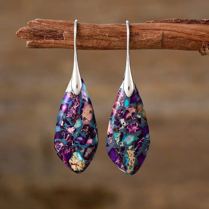 Gemstone Water Drop Earrings Jasper Natural Sea Sediment Earring dark purple - silver Boho