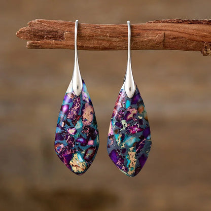 Gemstone Water Drop Earrings Jasper Natural Sea Sediment Earring dark purple - silver Boho