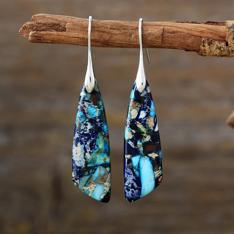 Silver Plated Geometric Gemstone Jasper Earrings Blue Silver Boho