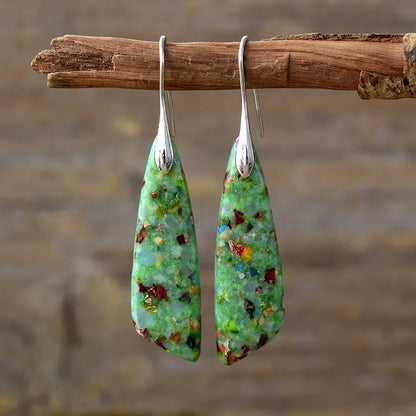 Silver Plated Geometric Gemstone Jasper Earrings Green Silver Boho