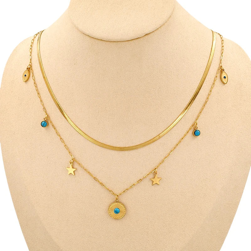18K Gold Plated Turquoise Evil Eye Layered Necklace