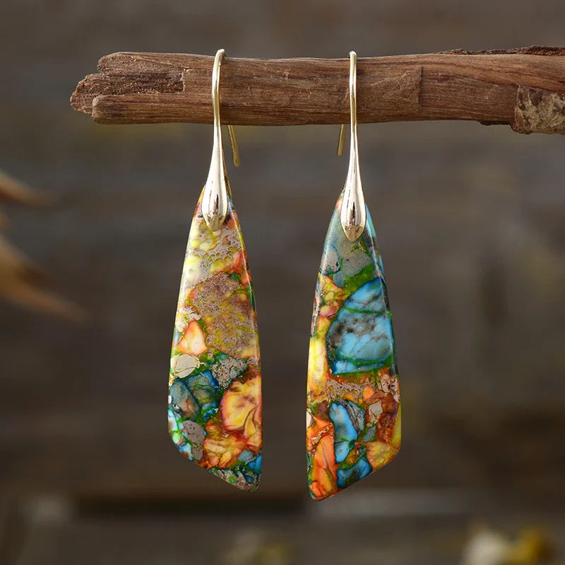 Silver Plated Geometric Gemstone Jasper Earrings Colorful Gold Boho