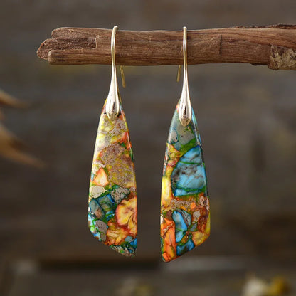 Silver Plated Geometric Gemstone Jasper Earrings Colorful Gold Boho