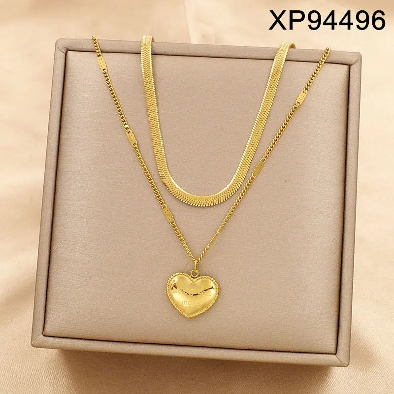 Stainless Steel 18K Gold Plated Layered Link Chain with Pendant
