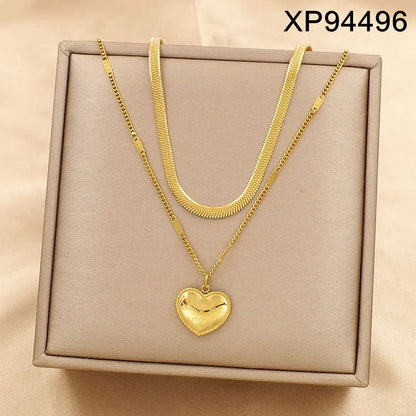 Stainless Steel 18K Gold Plated Layered Link Chain with Pendant