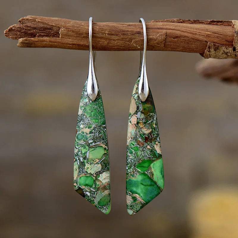 Imperial Jasper Leaf Pendant Dangle Drop Earrings Jewelry Green silver Boho