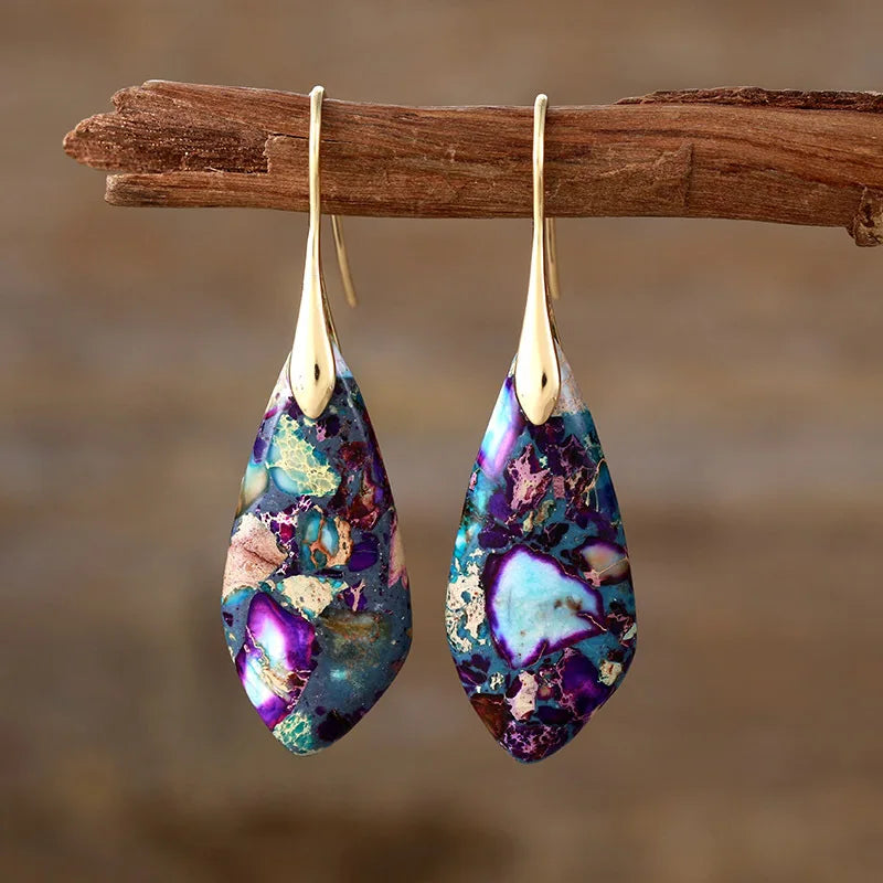 Gemstone Water Drop Earrings Jasper Natural Sea Sediment Earring dark purple - gold Boho