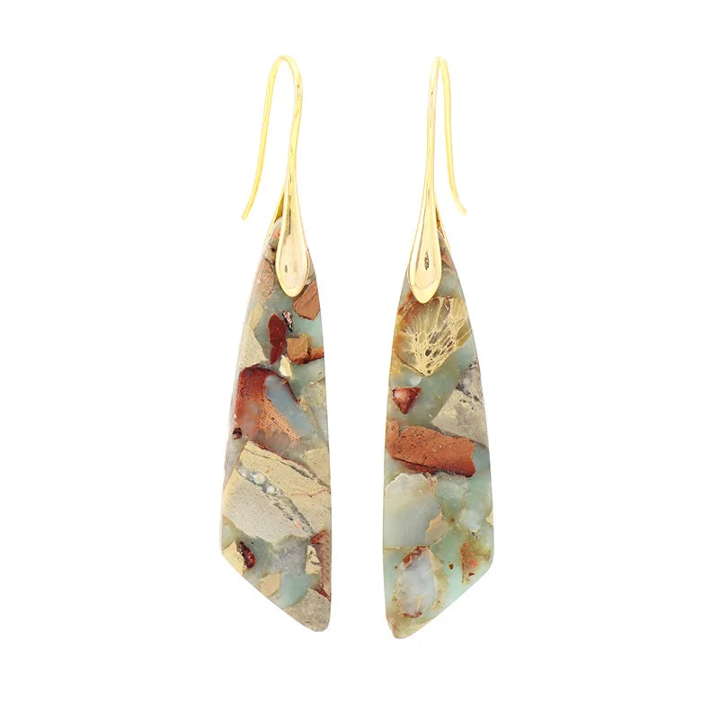 Imperial Jasper Leaf Pendant Dangle Drop Earrings Jewelry Shoushan stone gold Boho