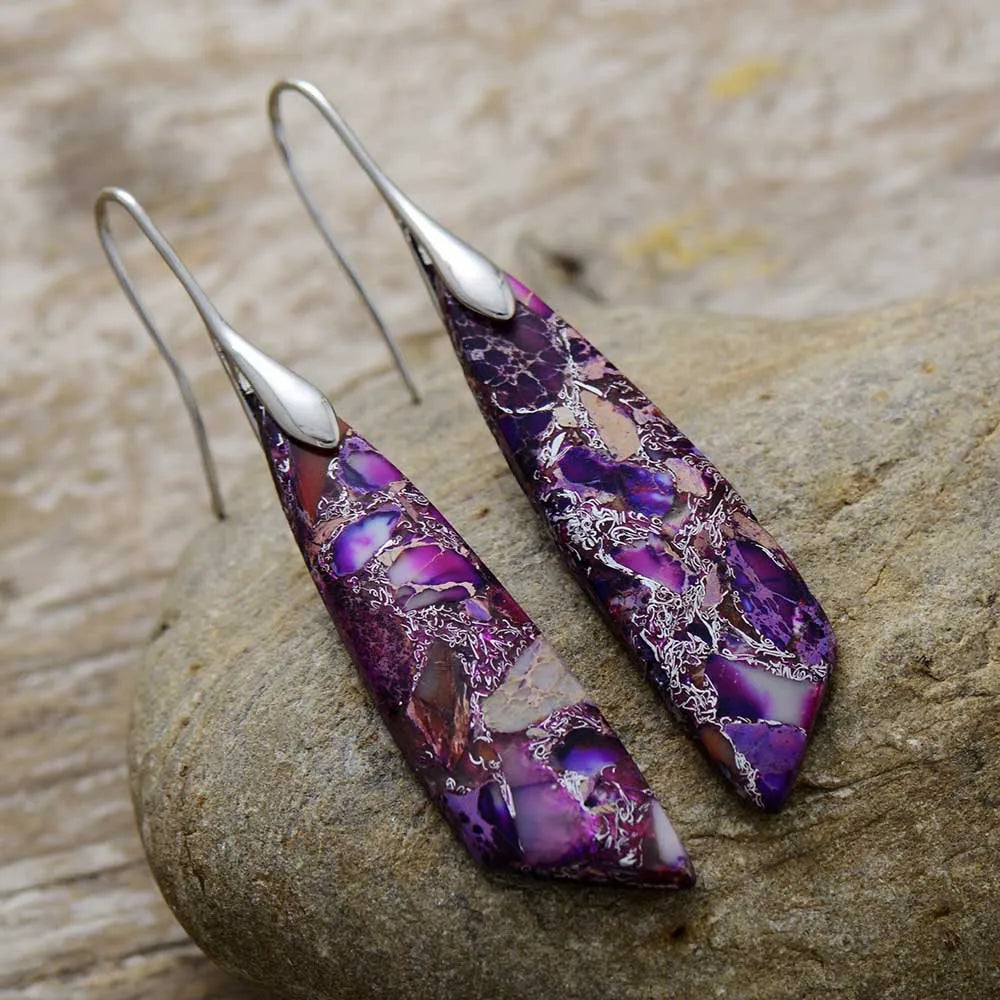 Imperial Jasper Leaf Pendant Dangle Drop Earrings Jewelry Purple silver Boho