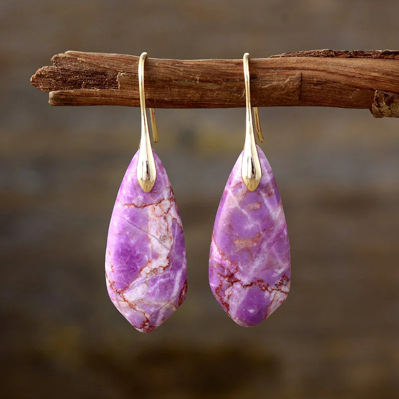 Gemstone Water Drop Earrings Jasper Natural Sea Sediment Earring Purple - gold Boho