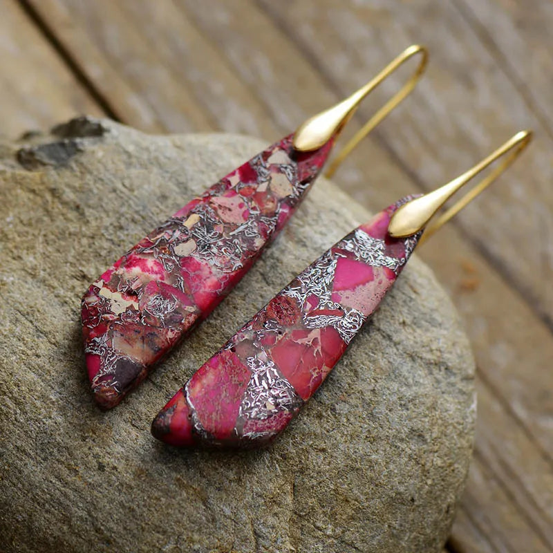 Imperial Jasper Leaf Pendant Dangle Drop Earrings Jewelry Red gold Boho