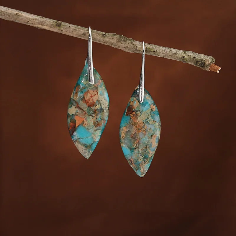 Bohemian Vintage Dangle Earring Leaf Shape Healing Energy Light blue Boho