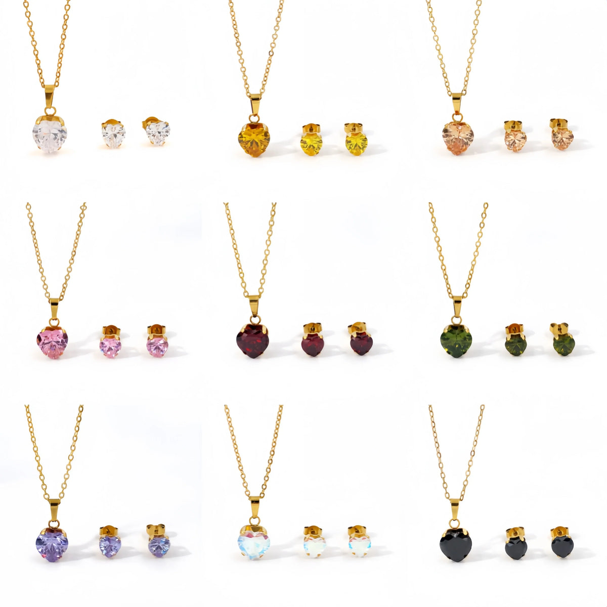 Non Tarnish Waterproof Love Heart Cubic Zirconia Necklace Earrings Sets