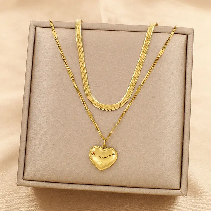 Stainless Steel 18K Gold Plated Layered Link Chain with Pendant