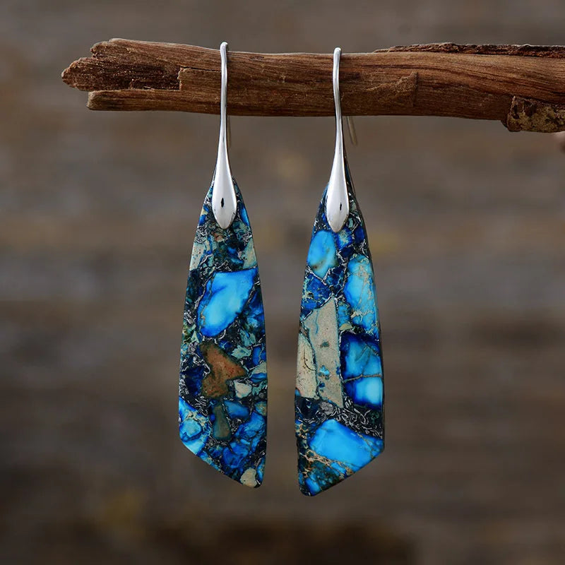 Imperial Jasper Leaf Pendant Dangle Drop Earrings Jewelry Light blue silver Boho