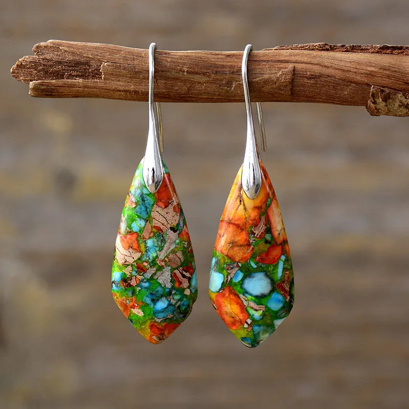 Gemstone Water Drop Earrings Jasper Natural Sea Sediment Earring colorful - silver Boho