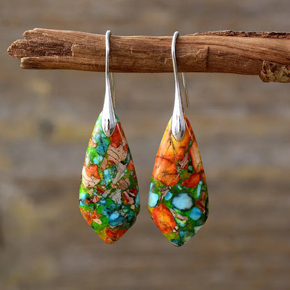 Gemstone Water Drop Earrings Jasper Natural Sea Sediment Earring colorful - silver Boho