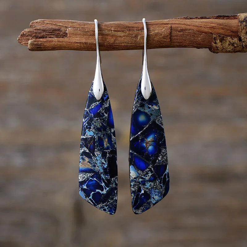 Imperial Jasper Leaf Pendant Dangle Drop Earrings Jewelry Dark blue silver Boho