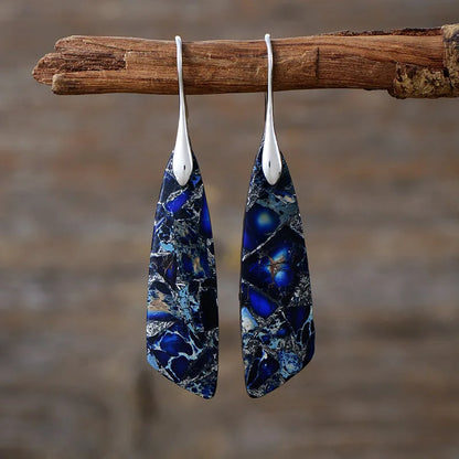 Imperial Jasper Leaf Pendant Dangle Drop Earrings Jewelry Dark blue silver Boho