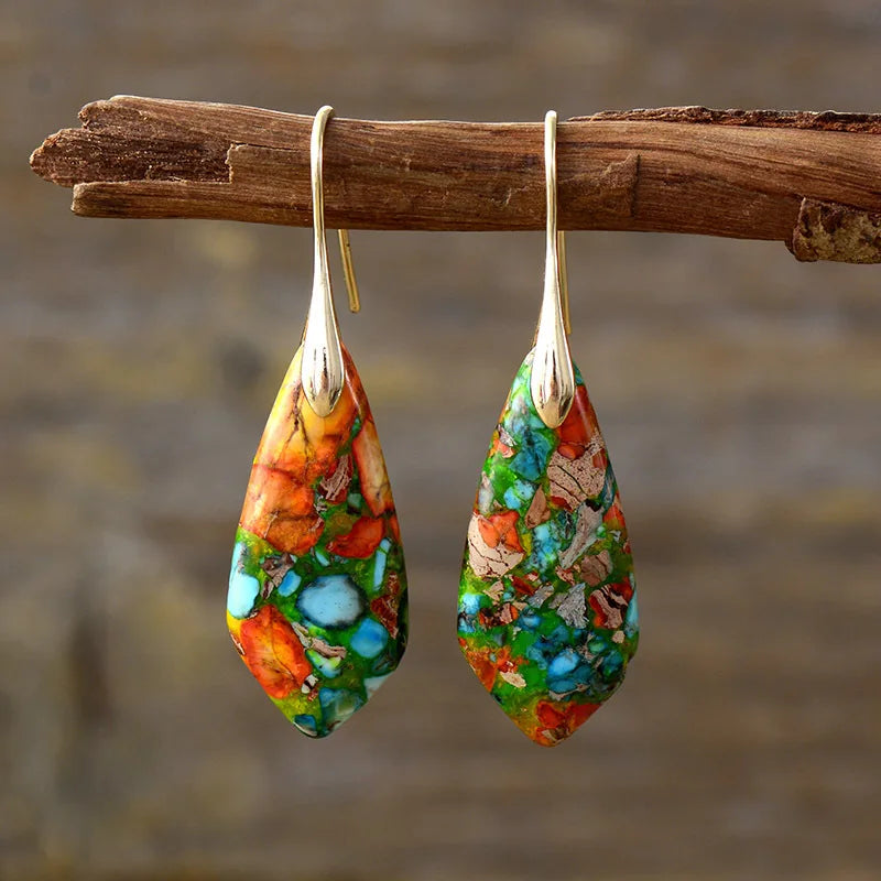 Gemstone Water Drop Earrings Jasper Natural Sea Sediment Earring colorful - gold Boho
