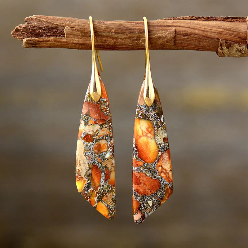 Imperial Jasper Leaf Pendant Dangle Drop Earrings Jewelry Orange gold Boho