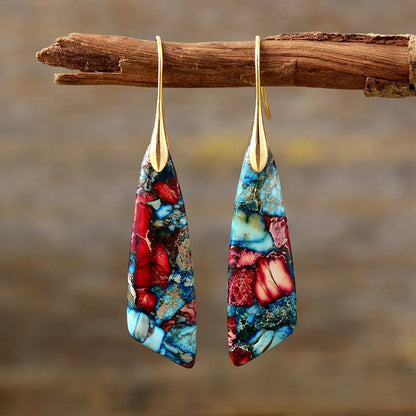 Silver Plated Geometric Gemstone Jasper Earrings Red Blue Gold Boho