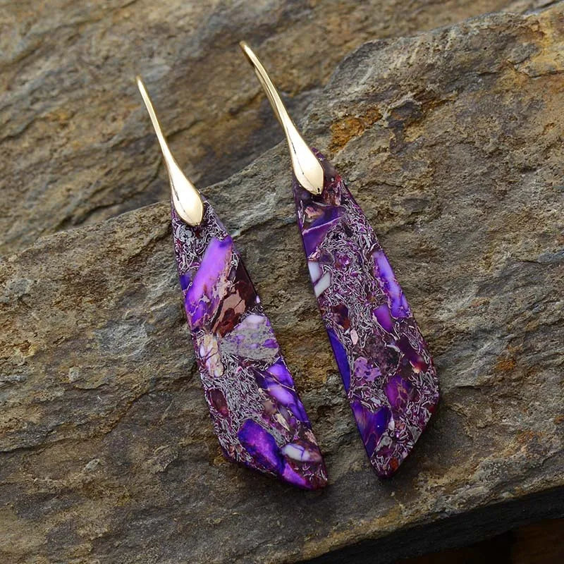 Imperial Jasper Leaf Pendant Dangle Drop Earrings Jewelry Purple gold Boho