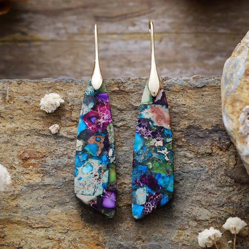 Imperial Jasper Leaf Pendant Dangle Drop Earrings Jewelry Flower gold Boho