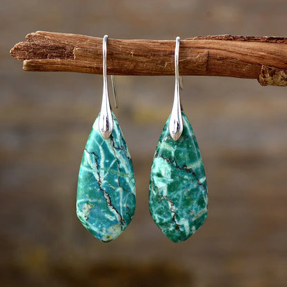 Gemstone Water Drop Earrings Jasper Natural Sea Sediment Earring green - silver Boho