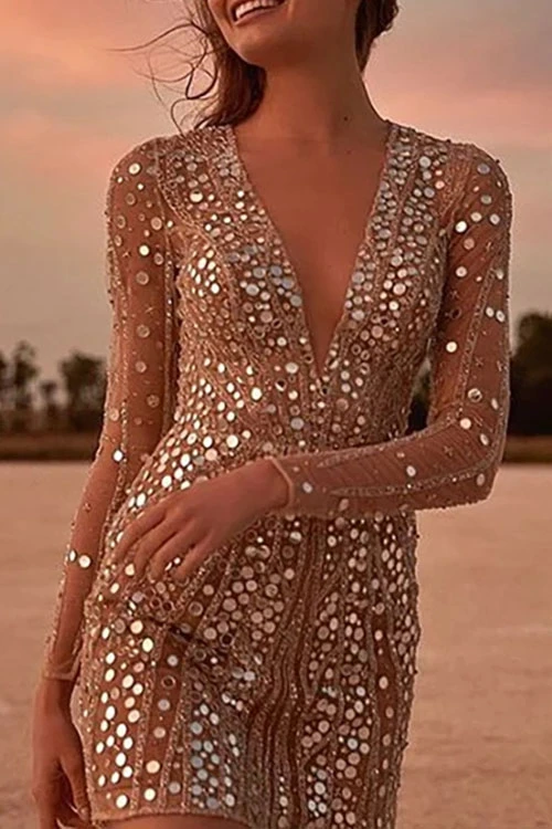 Clidress Sequin Deep V Neck Party Queen Dress
