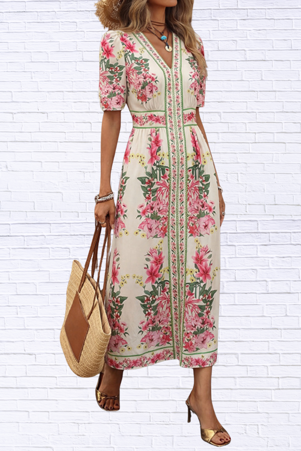 Floral Print V-Neck Midi Dress