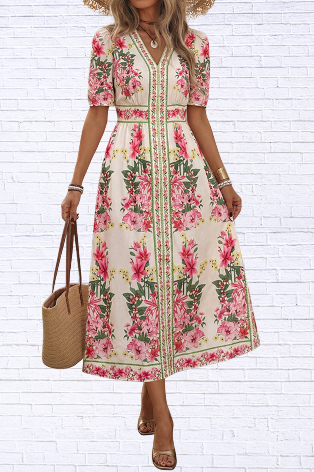 Floral Print V-Neck Midi Dress