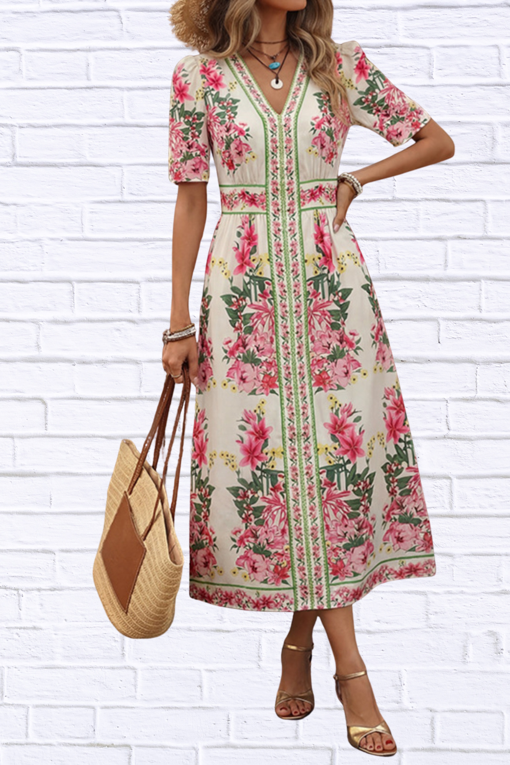 Floral Print V-Neck Midi Dress
