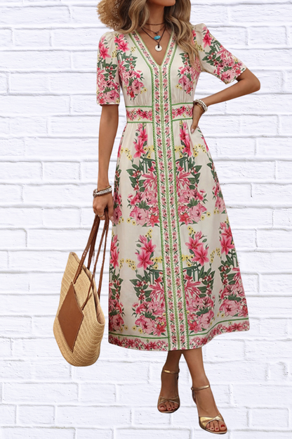 Floral Print V-Neck Midi Dress