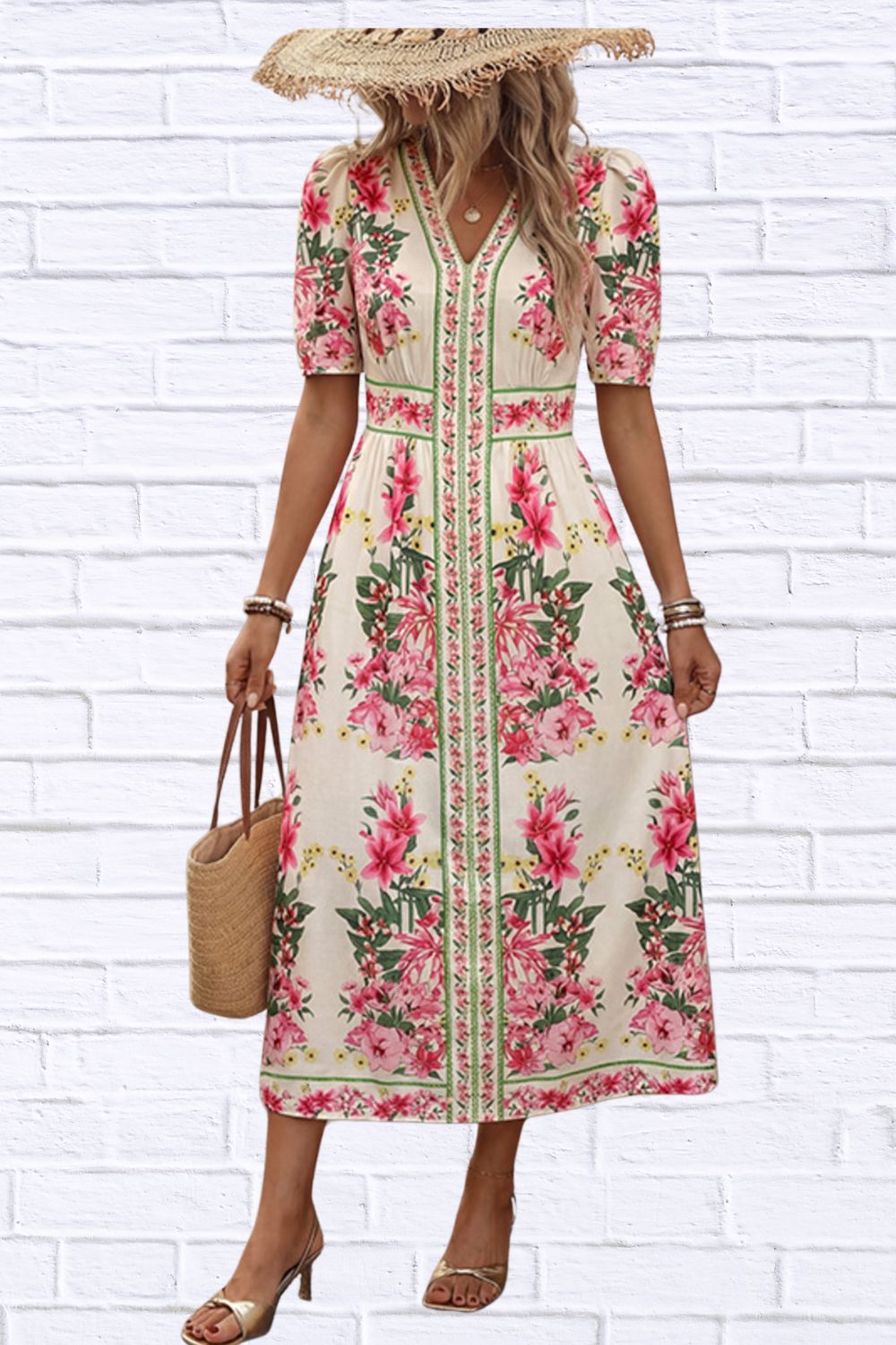 Floral Print V-Neck Midi Dress