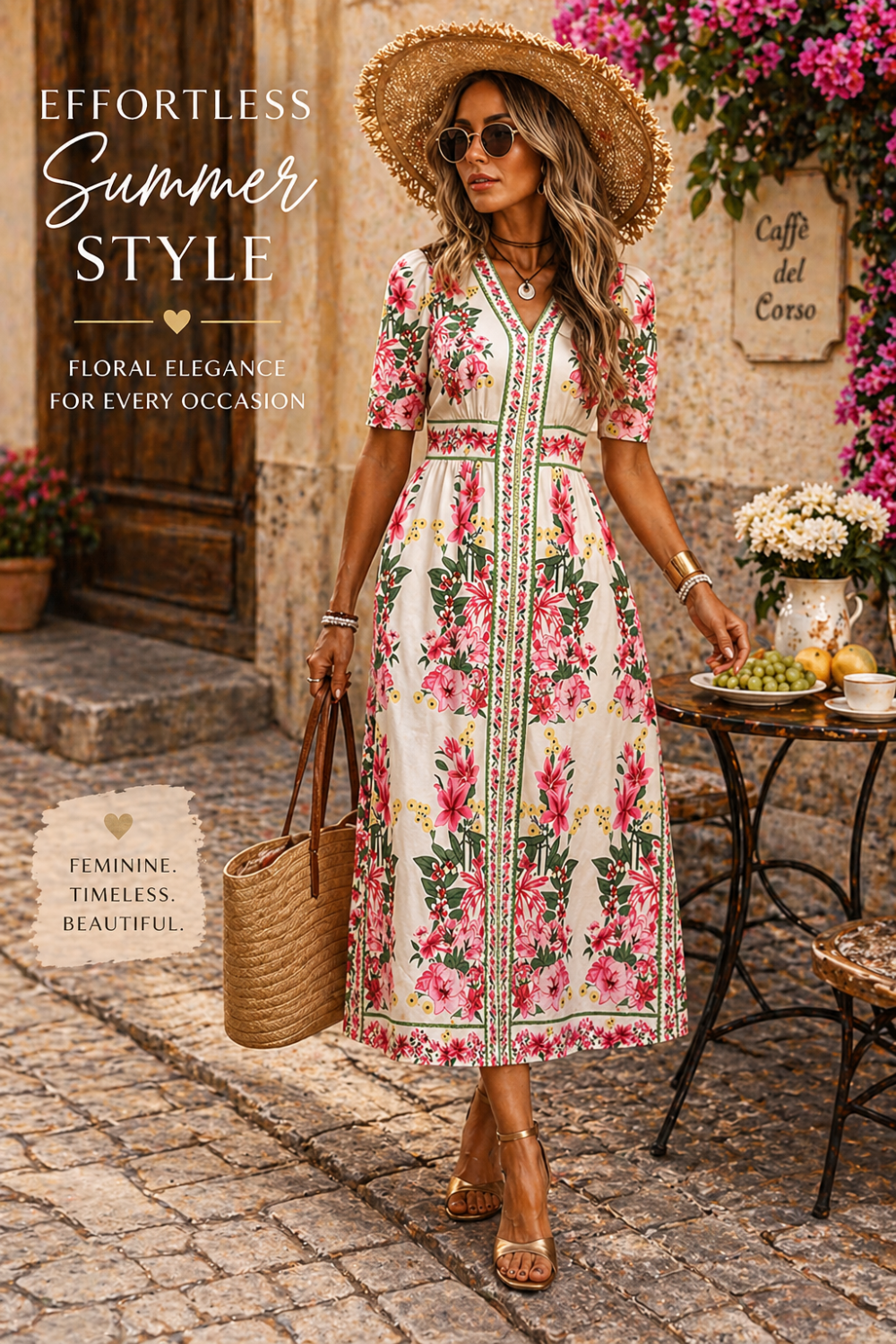 Floral Print V-Neck Midi Dress