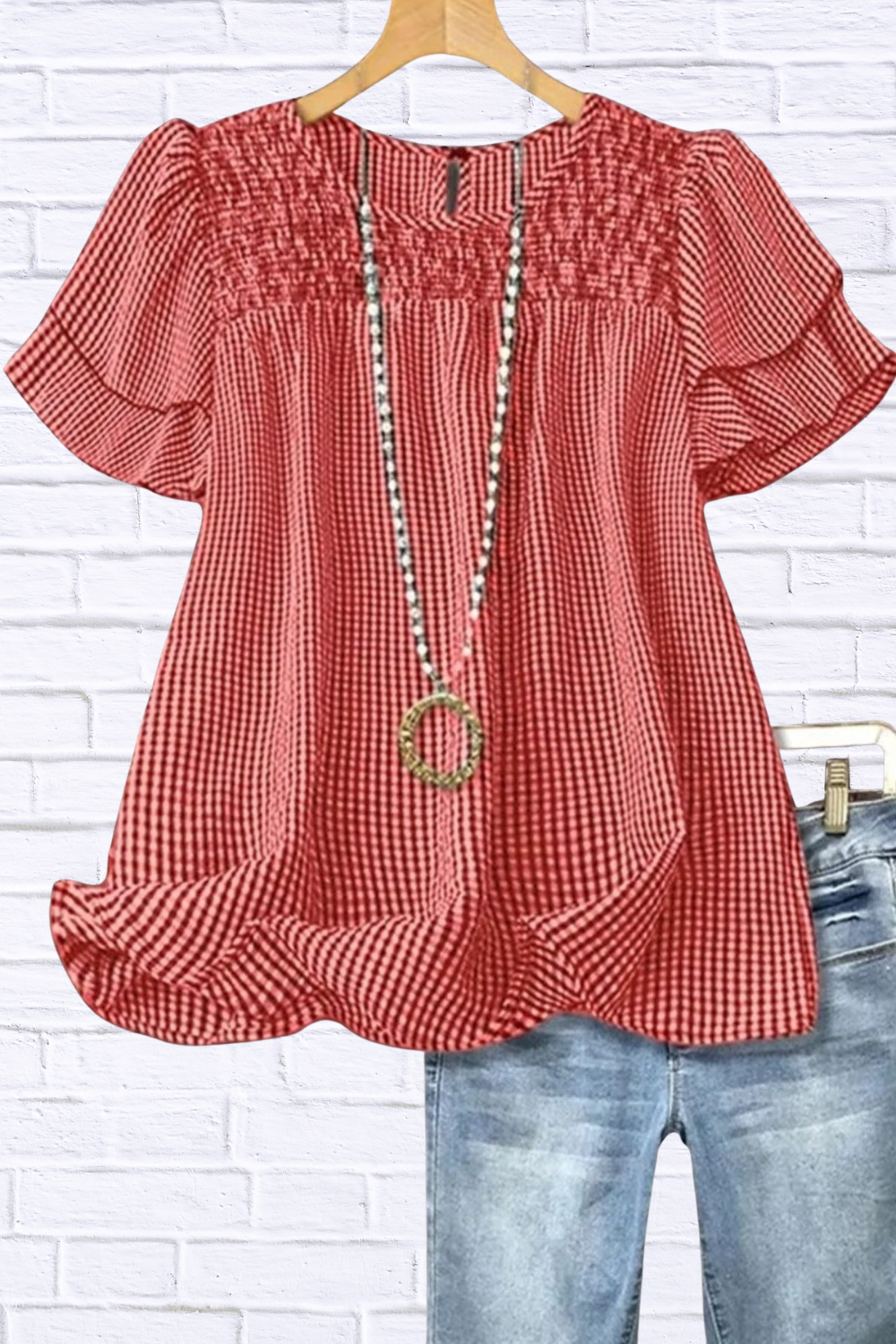 Plus Size Gingham Ruffle Blouse