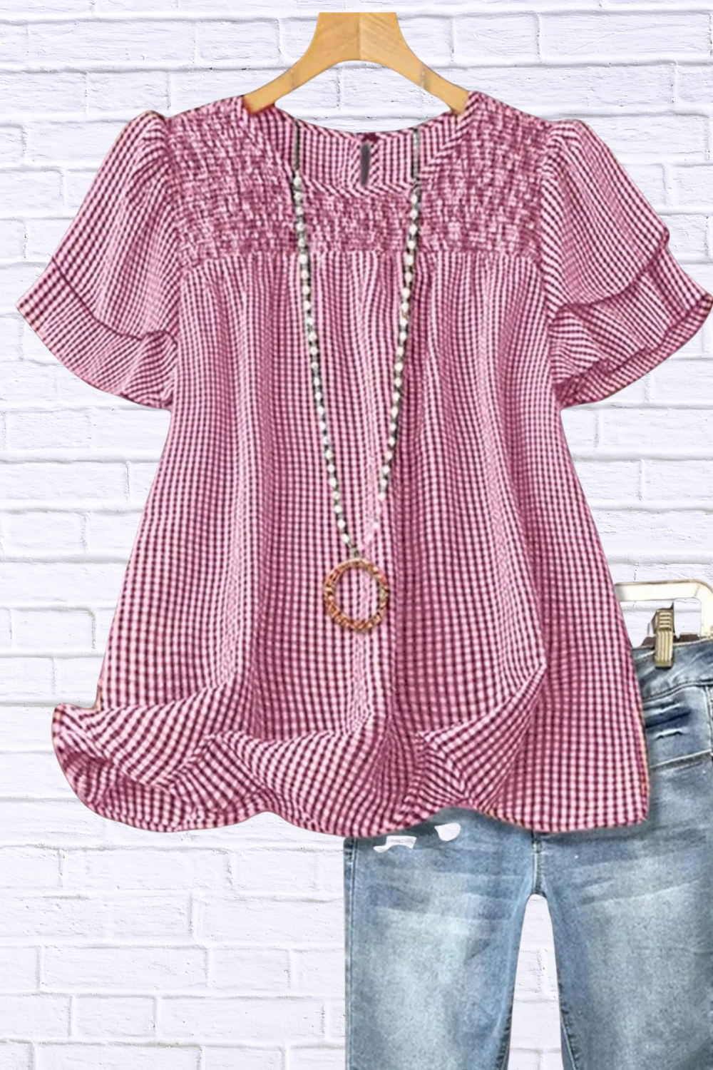 Plus Size Gingham Ruffle Blouse