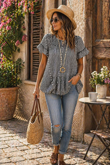 Plus Size Gingham Ruffle Blouse