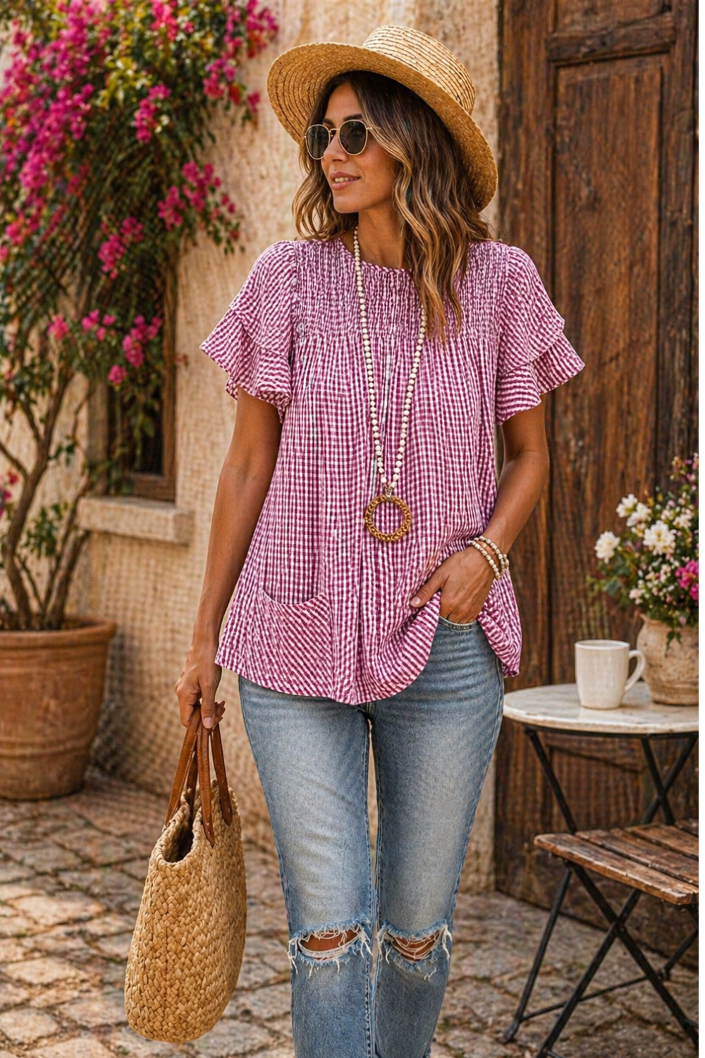 Plus Size Gingham Ruffle Blouse