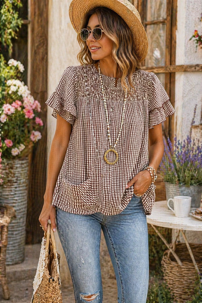 Plus Size Gingham Ruffle Blouse