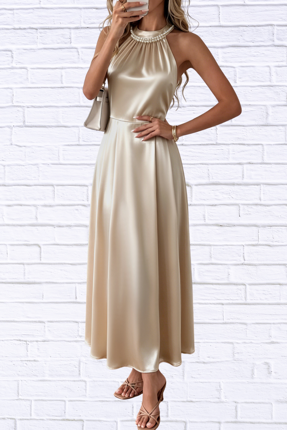 Pearl Halter Satin Midi Dress