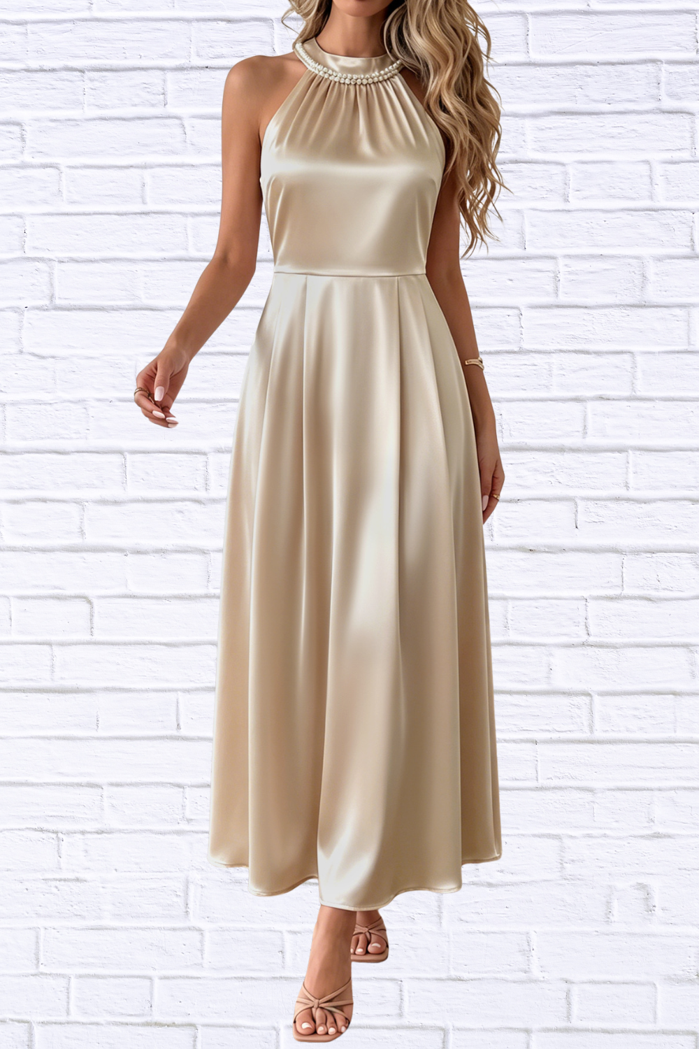 Pearl Halter Satin Midi Dress