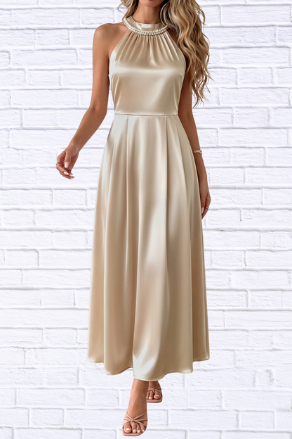 Pearl Halter Satin Midi Dress