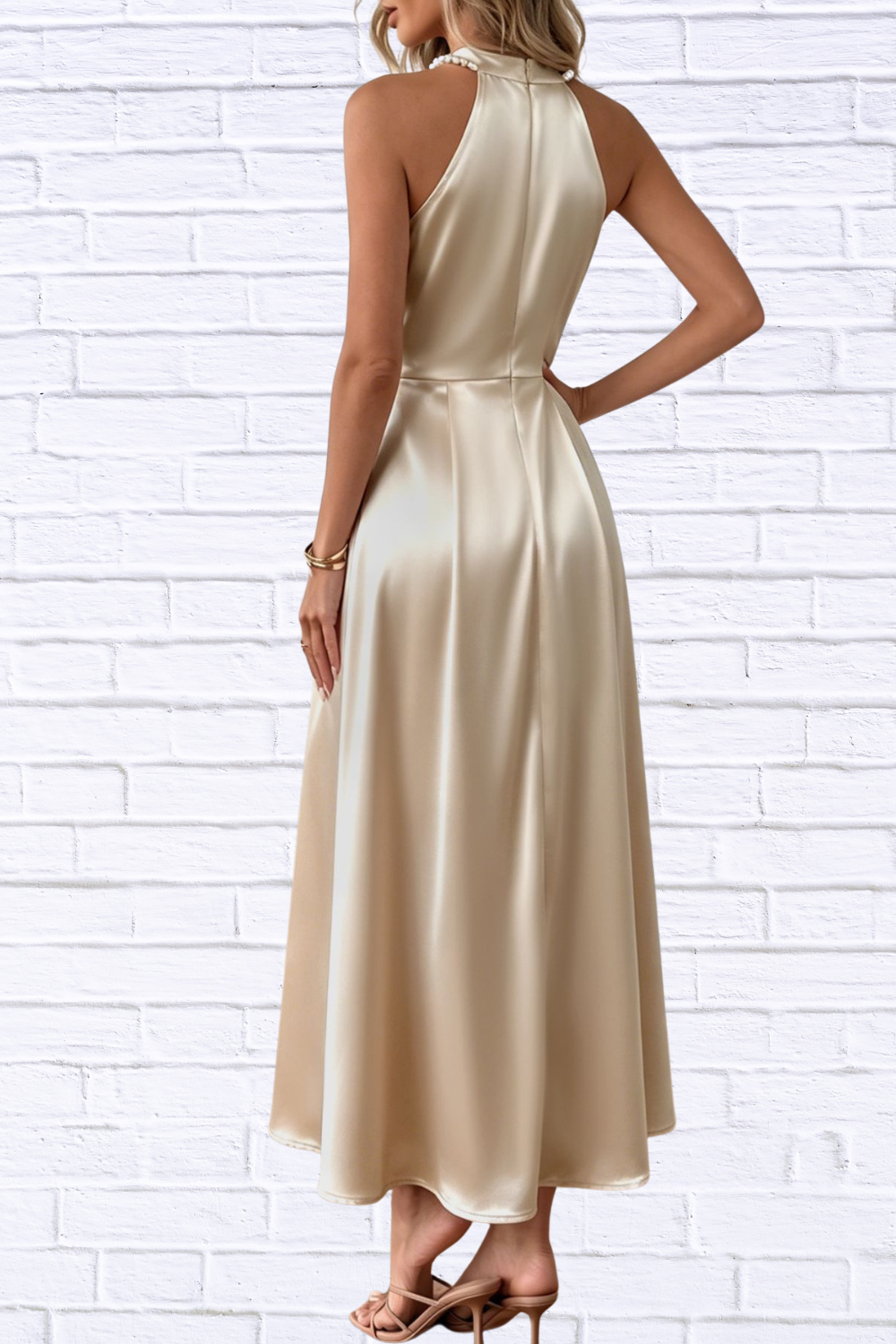 Pearl Halter Satin Midi Dress
