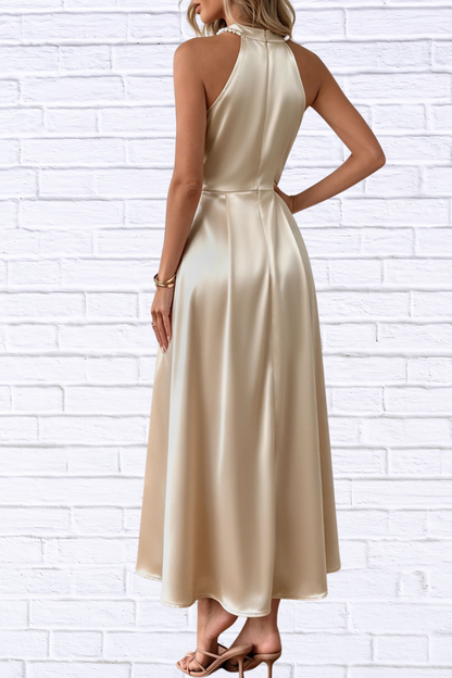 Pearl Halter Satin Midi Dress