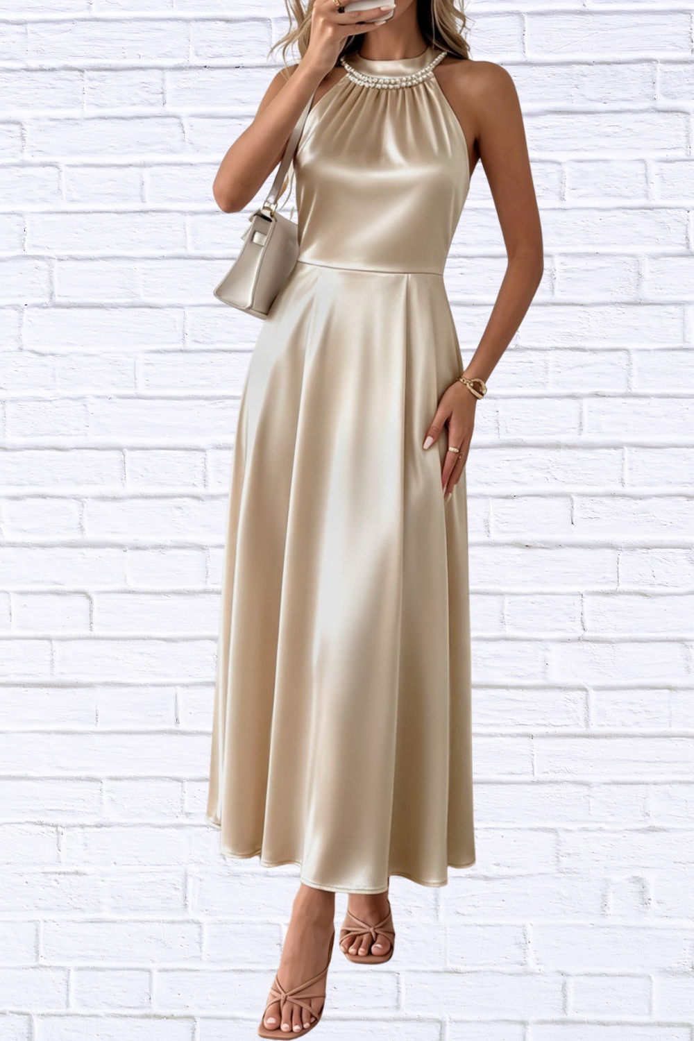 Pearl Halter Satin Midi Dress